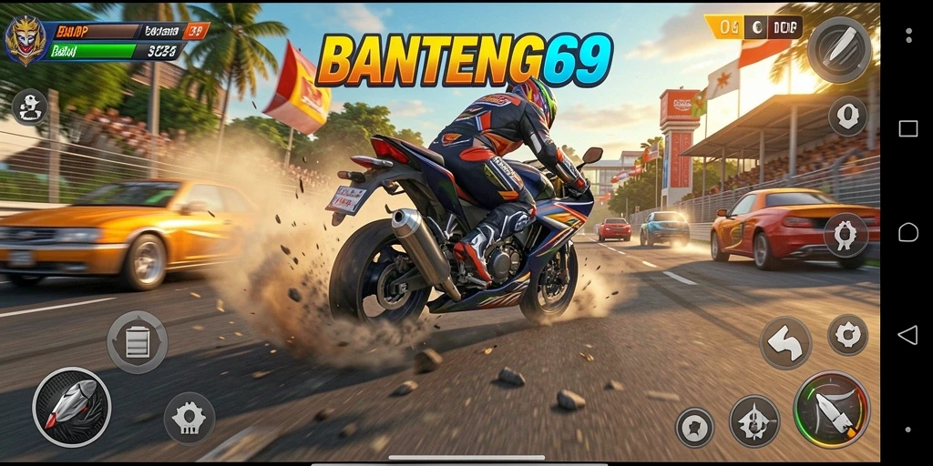 Gameplay seru BANTENG69 saat balapan motor di trek penuh tantangan.