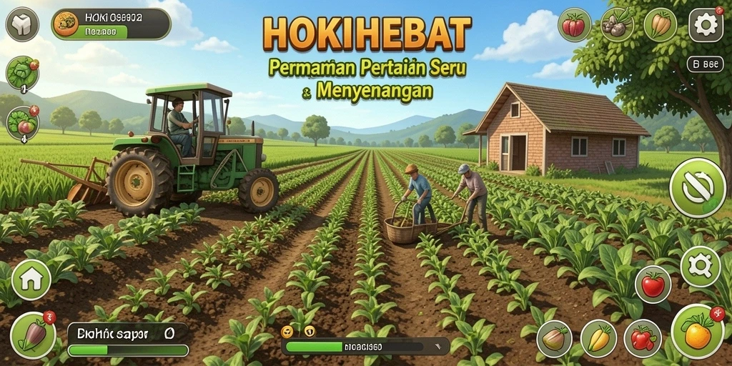 Tampilan gameplay seru HOKIHEBAT dengan lahan pertanian yang indah.