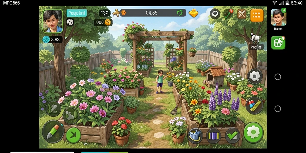 Tampilan gameplay MPO666 yang menampilkan ladang pertanian penuh warna dan beragam tanaman.